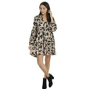 Mud Pie Cow Print Mini Shirtdress Small Tan Black Long Sleeve Tier Babydoll